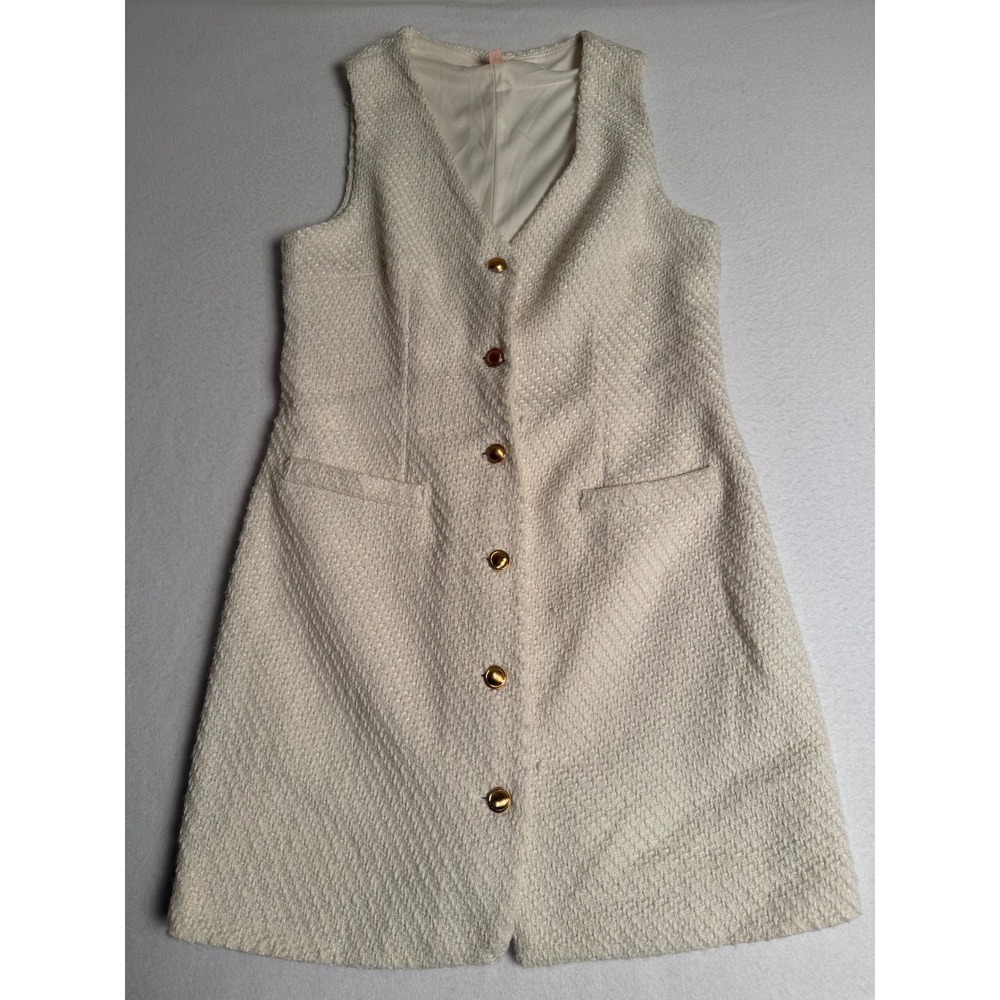 Bebop Ivory Cream Boucle Button Front Mini Dress Sleeveless Gold Buttons M